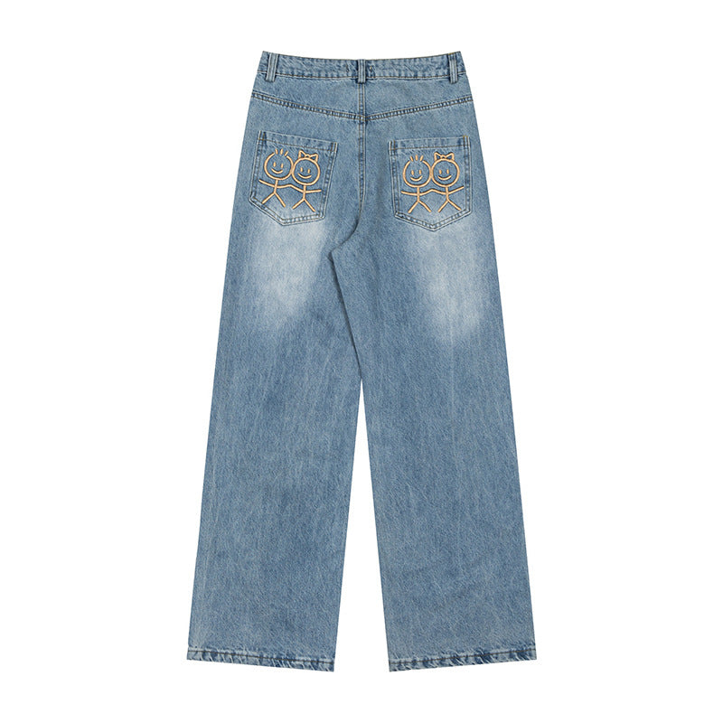 Women's wide high-waist jeans with straight, wide legs and embroidery on back pockets Mune Fashion
