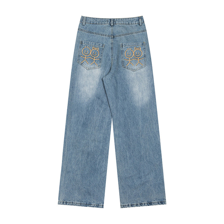 Women's wide high-waist jeans with straight, wide legs and embroidery on back pockets Mune Fashion