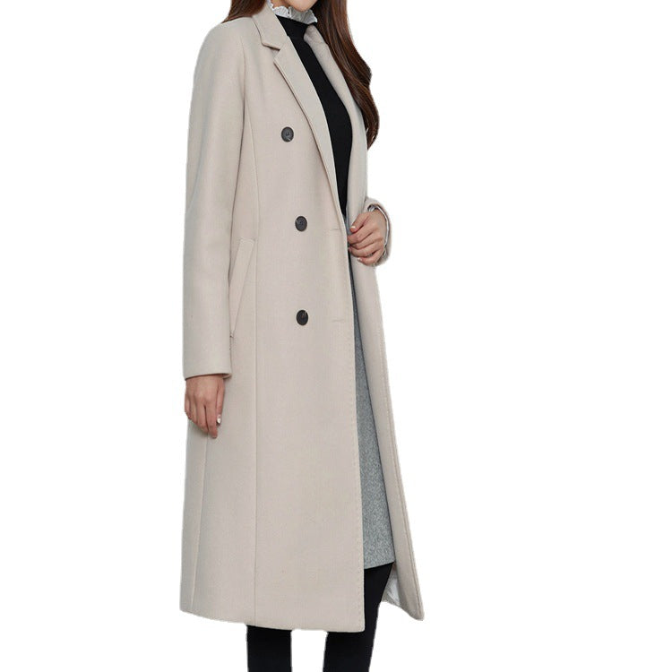Women Long Cut Wool Blend Coat in Minimalist Double-Breasted with Deep Lapel Mune Fashion