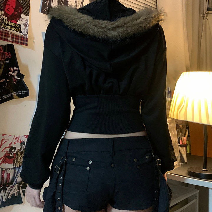 Women's Short-Fit Hoodie with Shaping Rib Corsage and Full-Length Zipper Mune Fashion