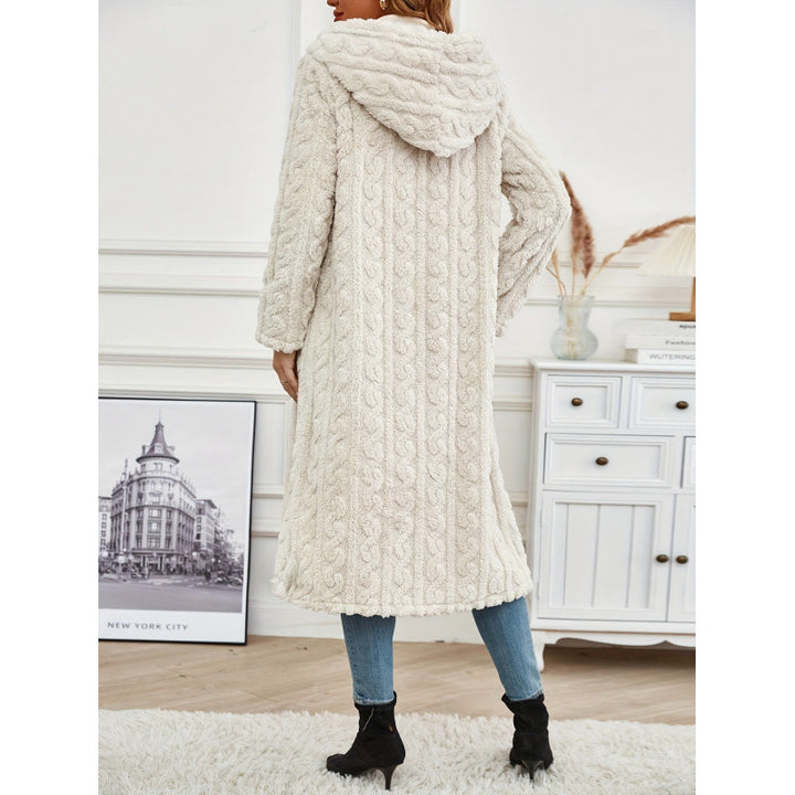 Women's Long Hooded Teddy Coat with Cable Knit Look Mune Fashion