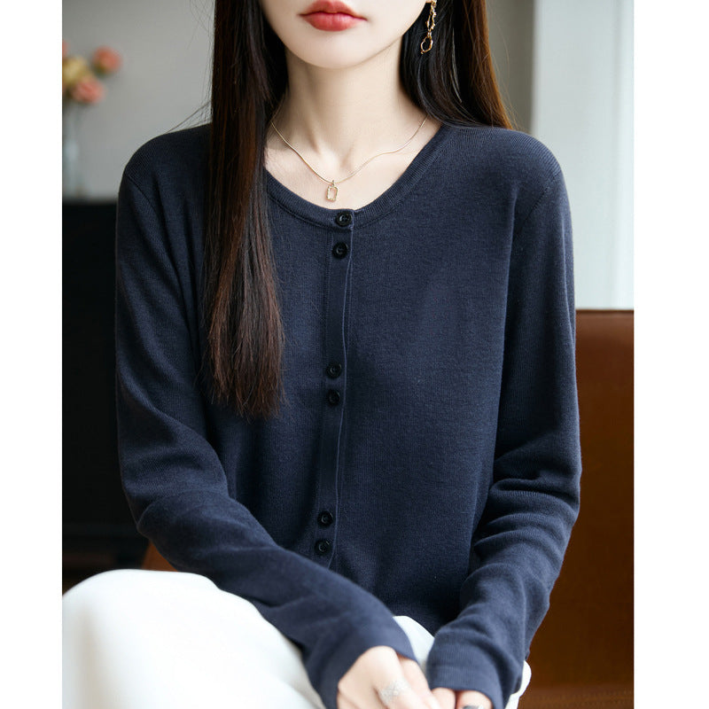 Women Lightweight Fine Knit Button Placket Cardigan with Round Neck Mune Fashion