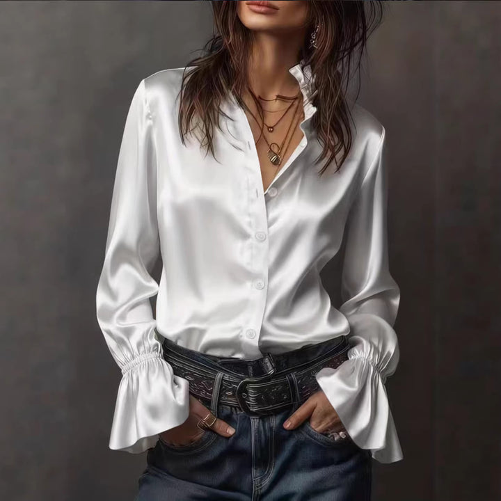Women's Satin Blouse with Stand Collar, Button Placket, and Ruffled Sleeves