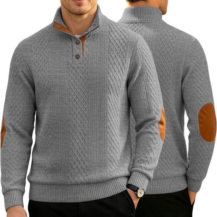 Men's Cable Knit Jumper with Stand-Up Collar and Leather Look Elbow Patches Mune Fashion