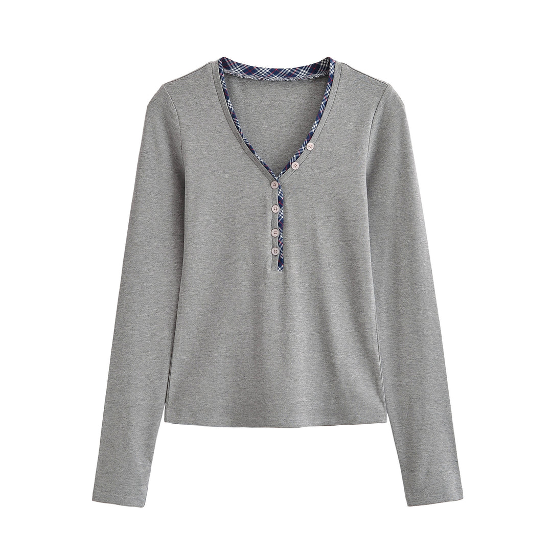Women's long sleeve shirt with V-neck, button placket and check trim Mune Fashion