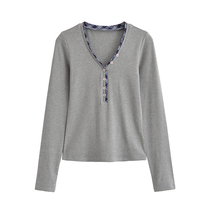 Women's long sleeve shirt with V-neck, button placket and check trim Mune Fashion