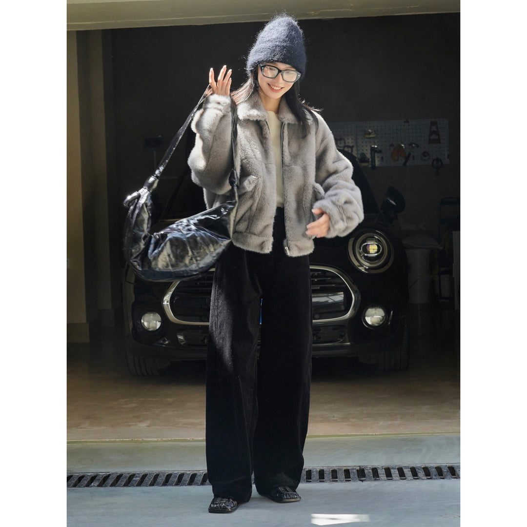 Women High-waisted Cord Velour Palazzo Pants with Wide Leg Mune Fashion