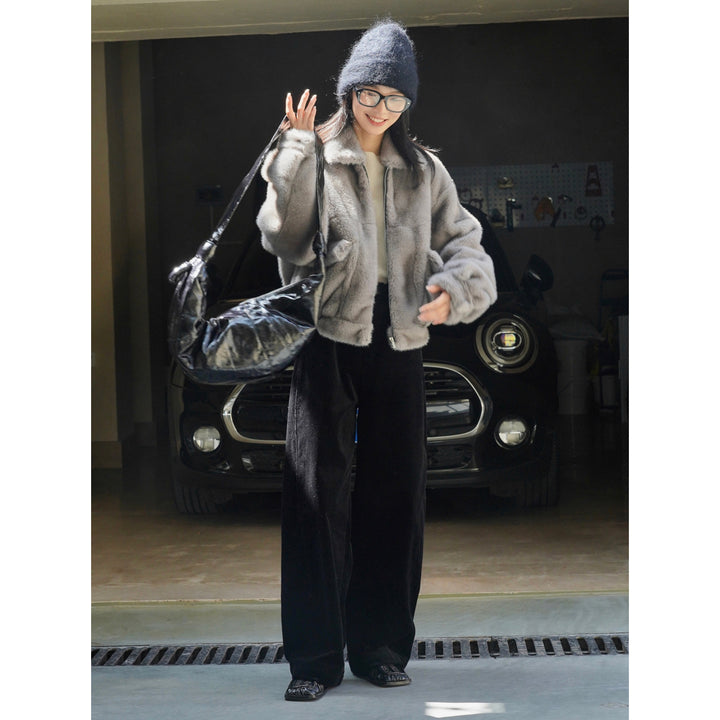 Women High-waisted Cord Velour Palazzo Pants with Wide Leg Mune Fashion