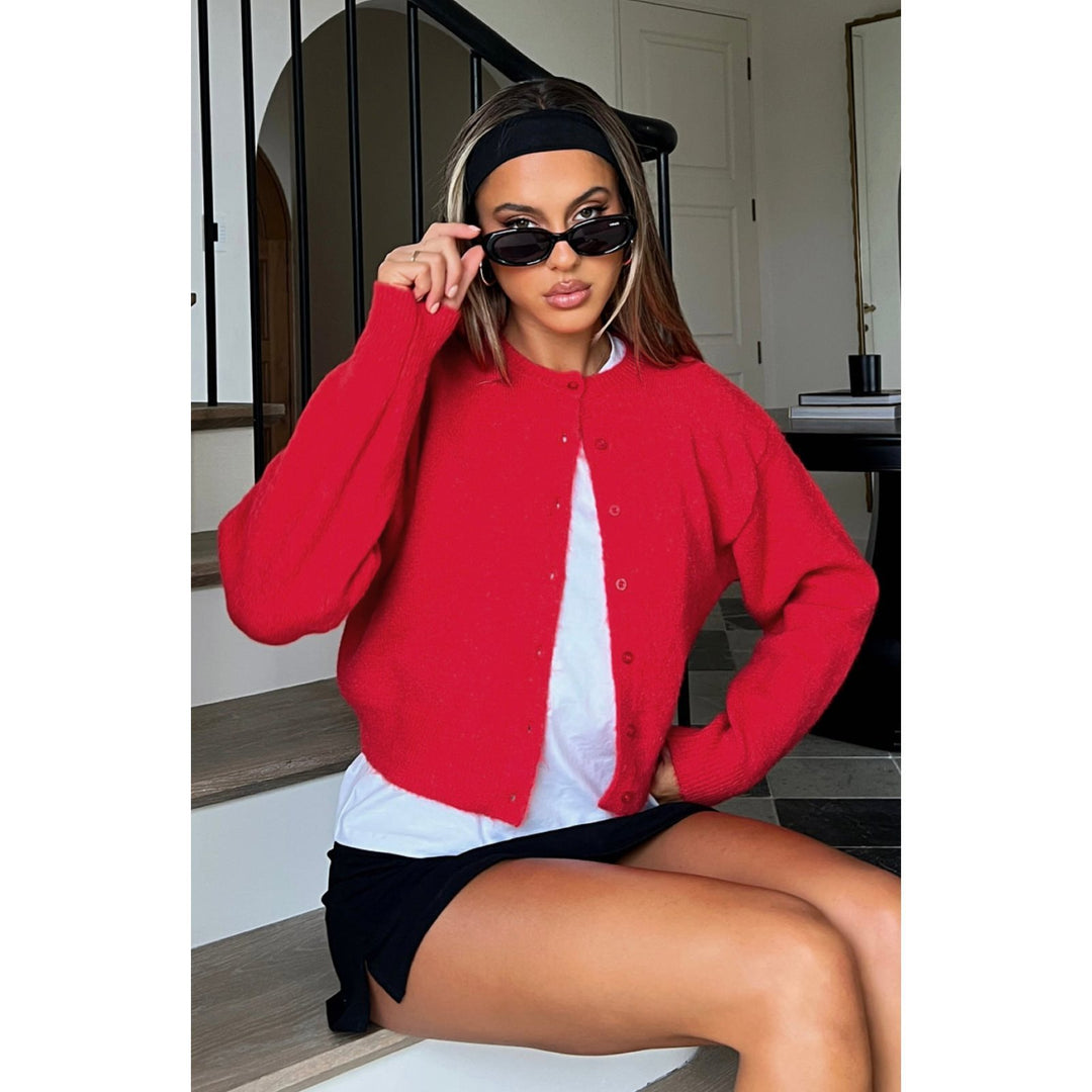 Ladies Short-Cut Cardigan with Concealed Button Placket and Balloon Sleeves Mune Fashion