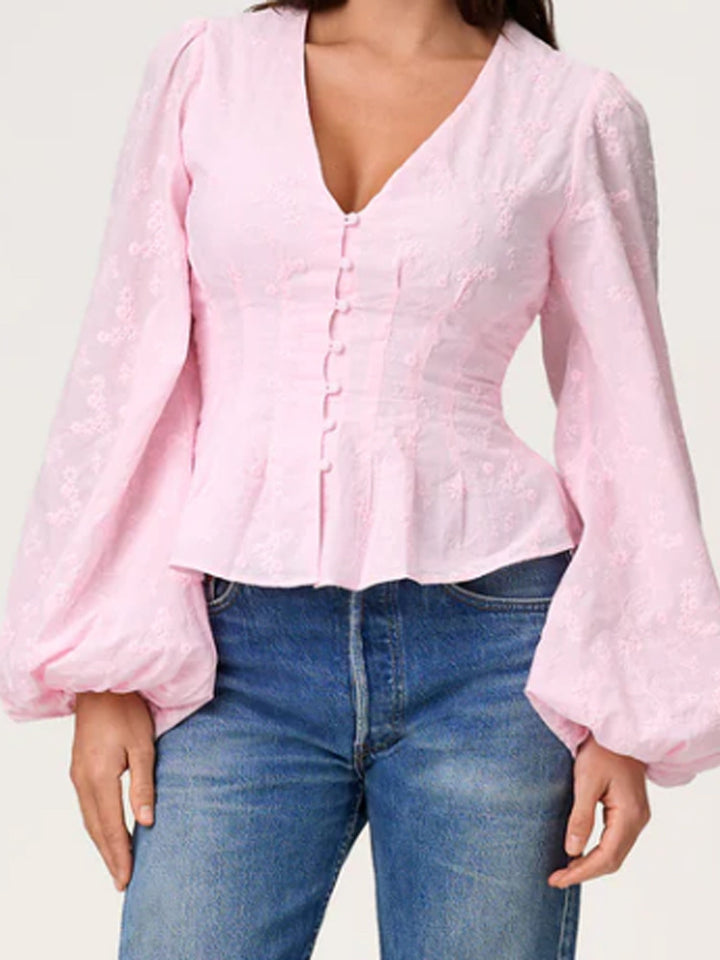 Women's jacquard lace blouse with fitted peplum and balloon sleeves Mune Fashion