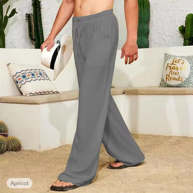 Men's wide linen pants with drawstring, applied side pockets and relaxed fit Mune Fashion