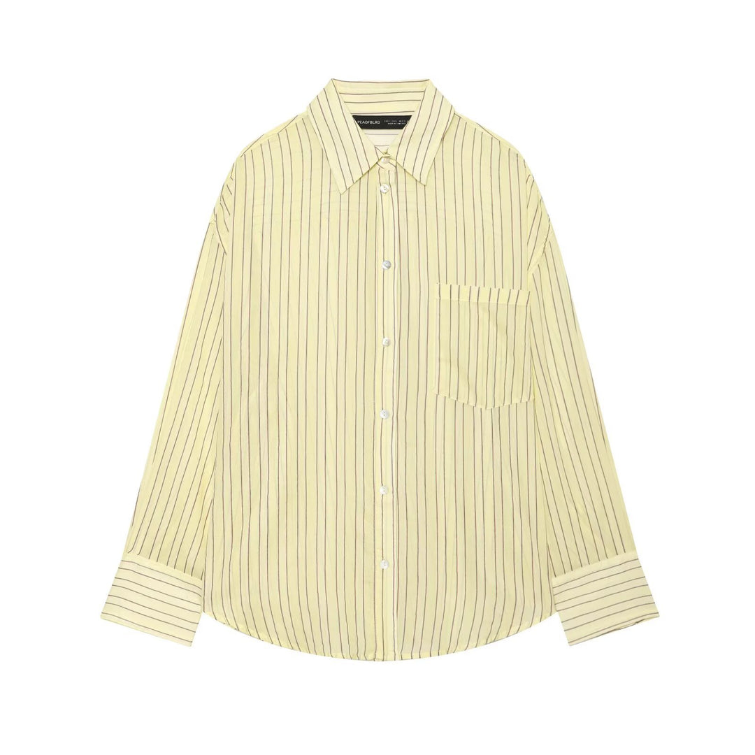 Women's oversized shirt blouse with stripes, chest pocket, and loose fit Mune Fashion