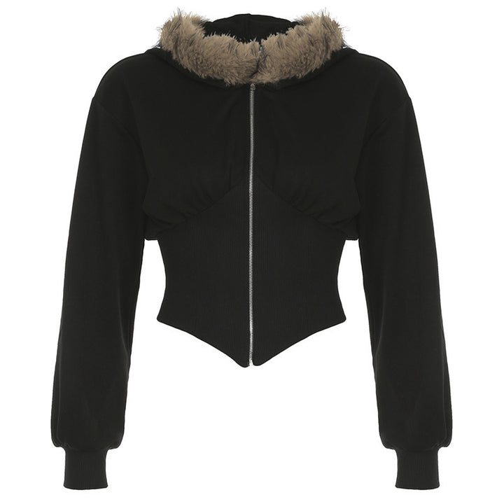Women's Short-Fit Hoodie with Shaping Rib Corsage and Full-Length Zipper Mune Fashion