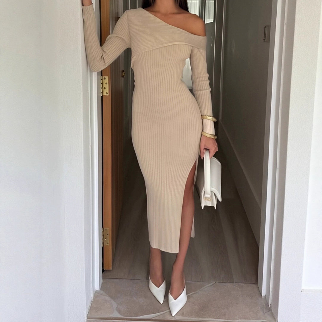 Women’s figure-hugging one-shoulder ribbed dress with asymmetric neckline and form-fitting midi silhouette Mune Fashion