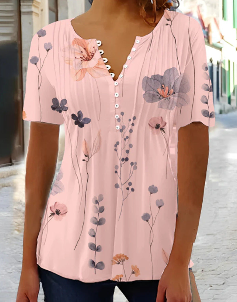 Women nan lightweight viscose tunic with decorative tuck pleats, half button placket and watercolor flower print Mune Fashion