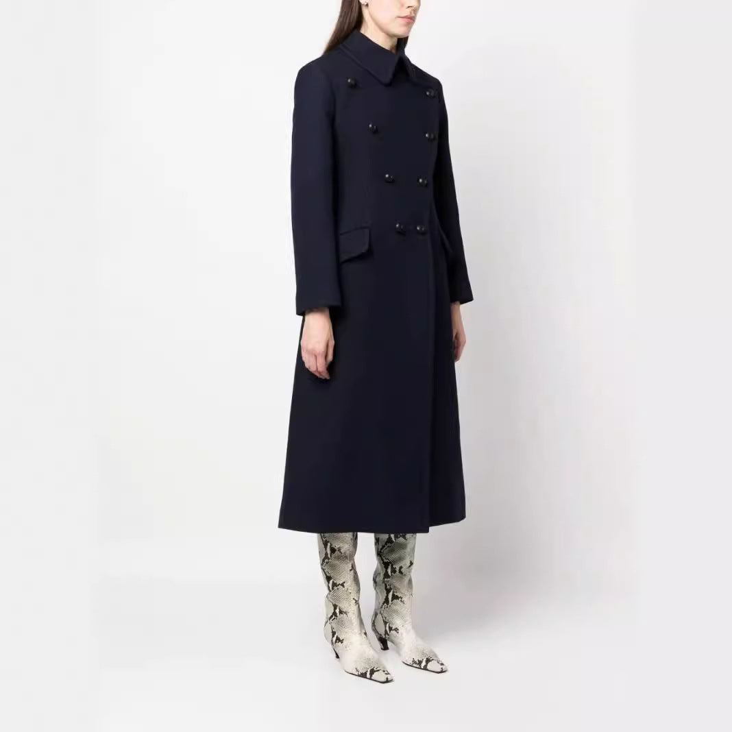 Women Double-breasted A-line Wool Blend Coat with Round Collar and Flap Pockets Mune Fashion