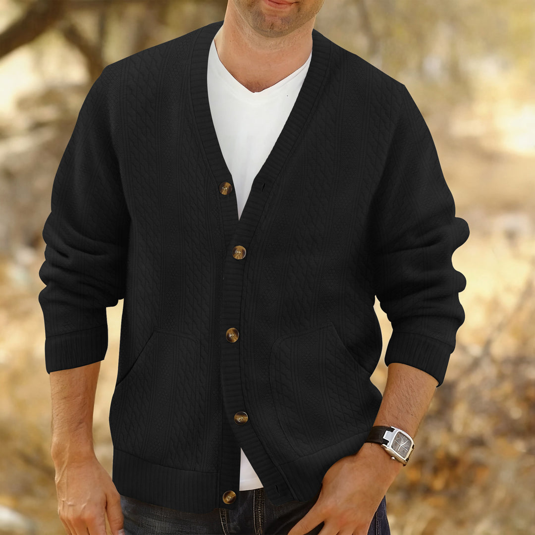 Men's Structured Knit Cardigan with Cable and Waffle Pattern, Button Placket and Patch Pockets Mune Fashion
