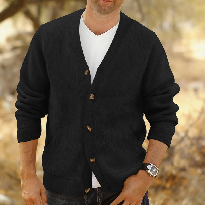 Men's Structured Knit Cardigan with Cable and Waffle Pattern, Button Placket and Patch Pockets Mune Fashion