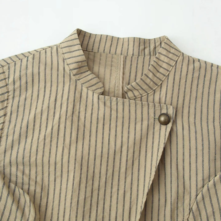 Women Asymmetrical Pinstripe Blazer Jacket with Stand Collar and Overlapping Front Mune Fashion