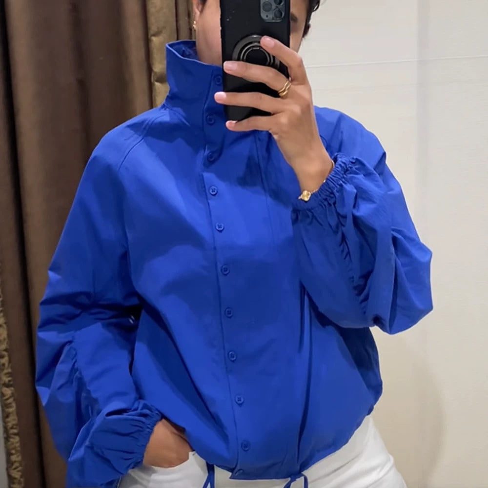 Women's Lightweight Windbreaker with Stand-up Collar, Snap Button Placket and Drawstring Mune Fashion