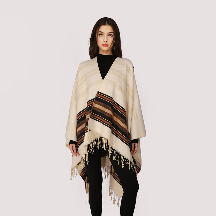 Women's Lightweight Ruana Poncho made of Wool-Viscose Blend with Striped Woven Border and Fringe Hem Mune Fashion