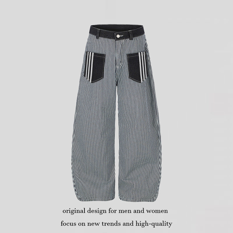 Women Wide Striped Palazzo Culotte with High Waist, Belt Loops and Applied Contrast Pockets Mune Fashion