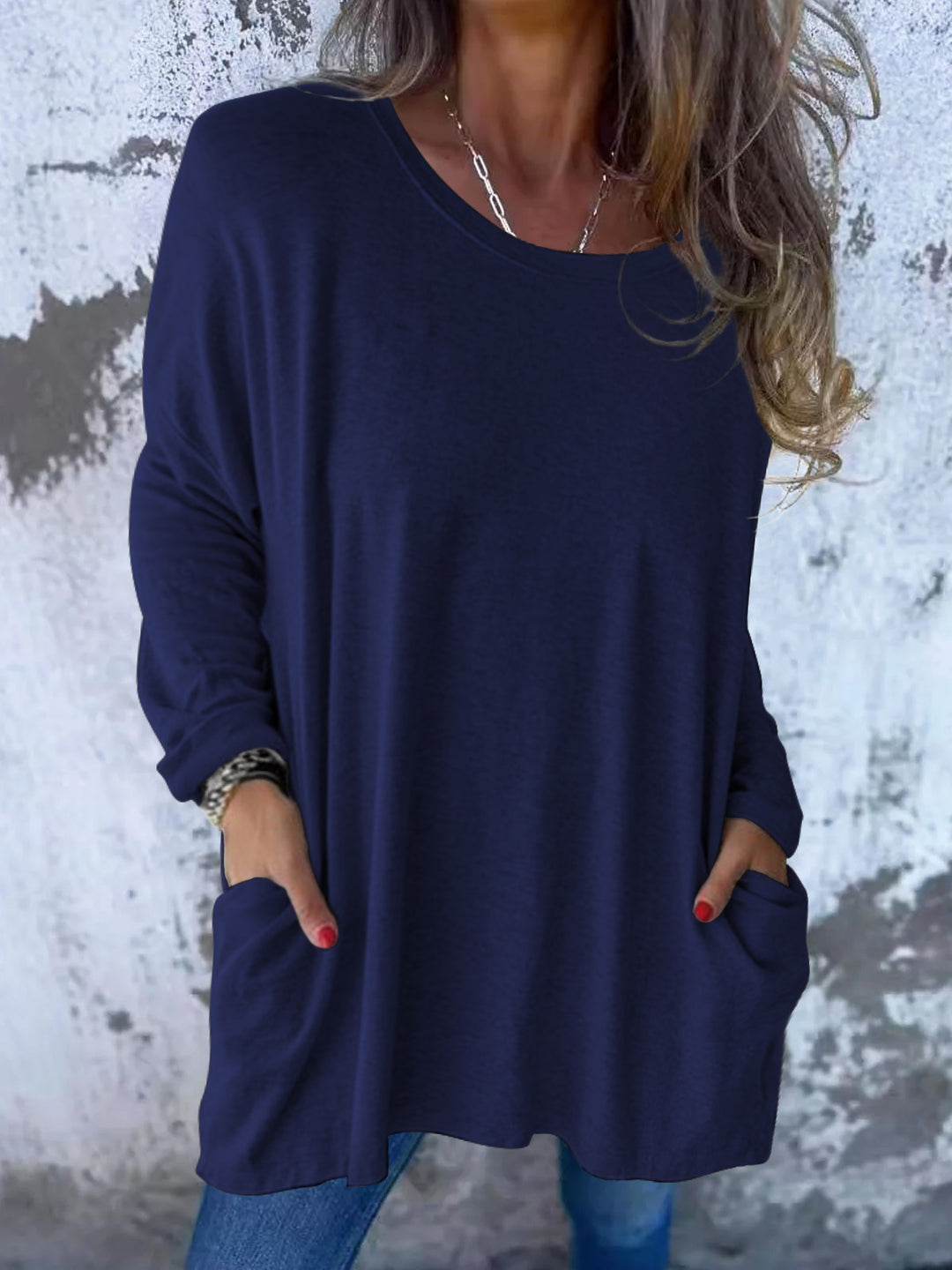 Ladies Soft Oversize Long Shirt with Round Neck, Casual Sleeves and Side Pockets Mune Fashion