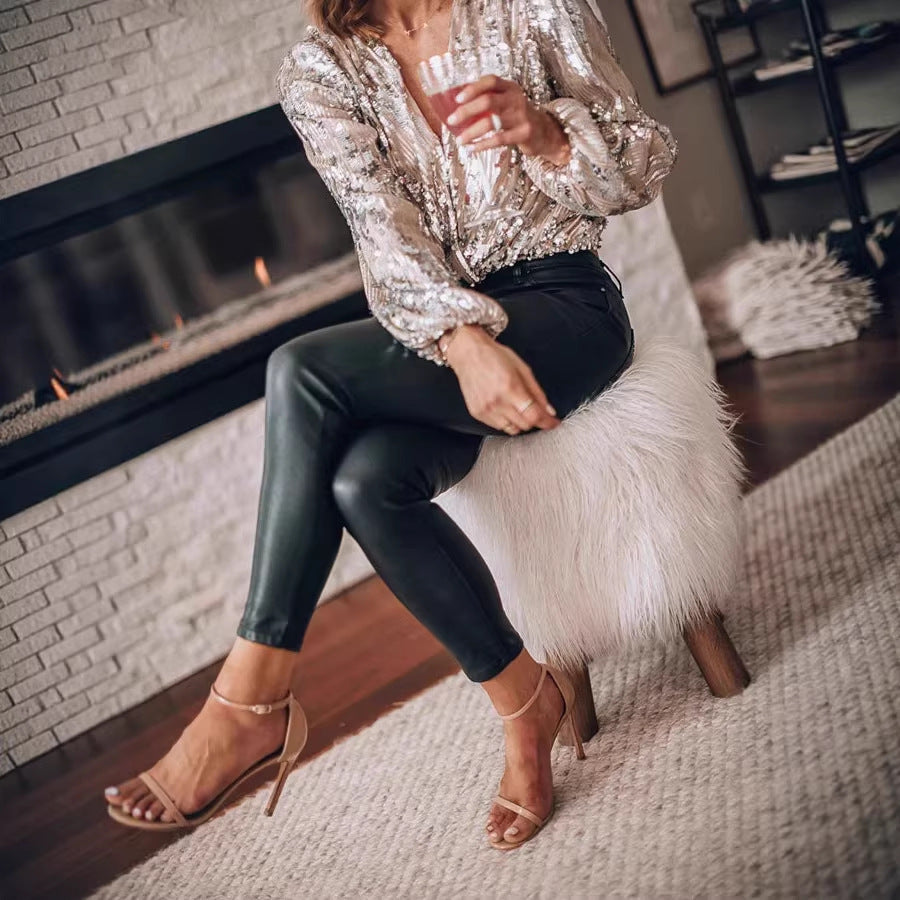 Women's sequin blouse with V-neck and balloon sleeves Drune