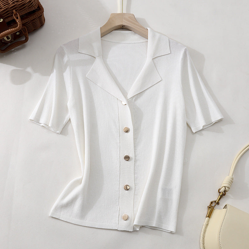 Ladies short sleeve ribbed knit cardigan with lapel collar and decorative button placket Mune Fashion