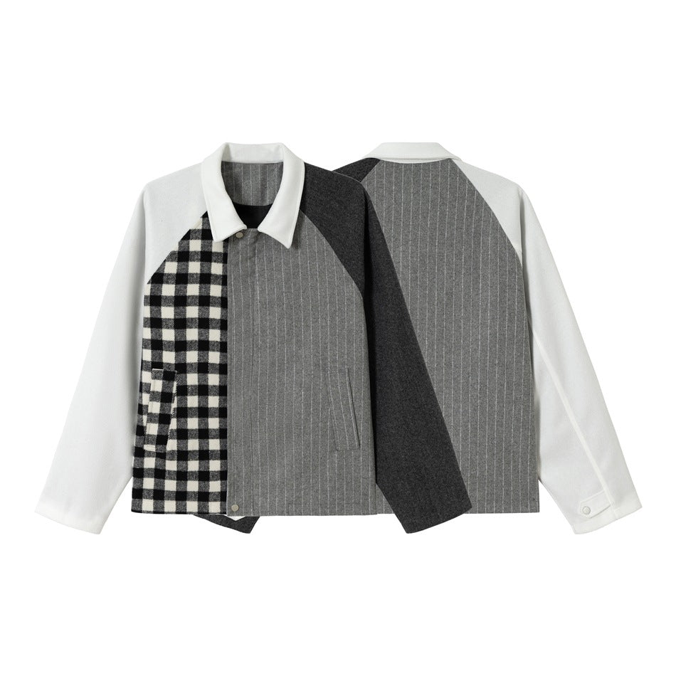 Unisex Classically tailored patchwork blouson jacket made of wool blend with shirt collar Mune Fashion