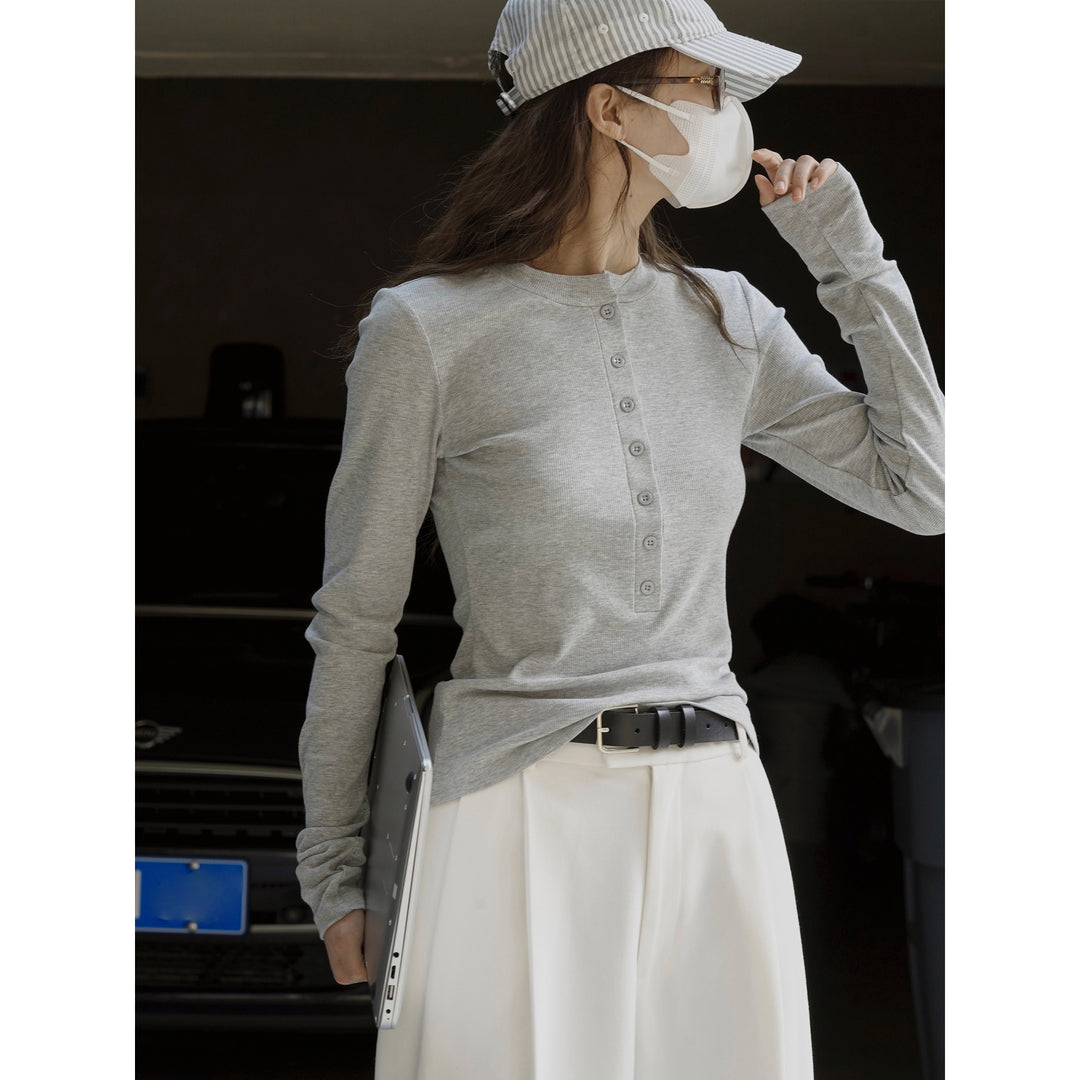 Women's Long Sleeve Henley Shirt with Button Placket and Slim Fit Mune Fashion