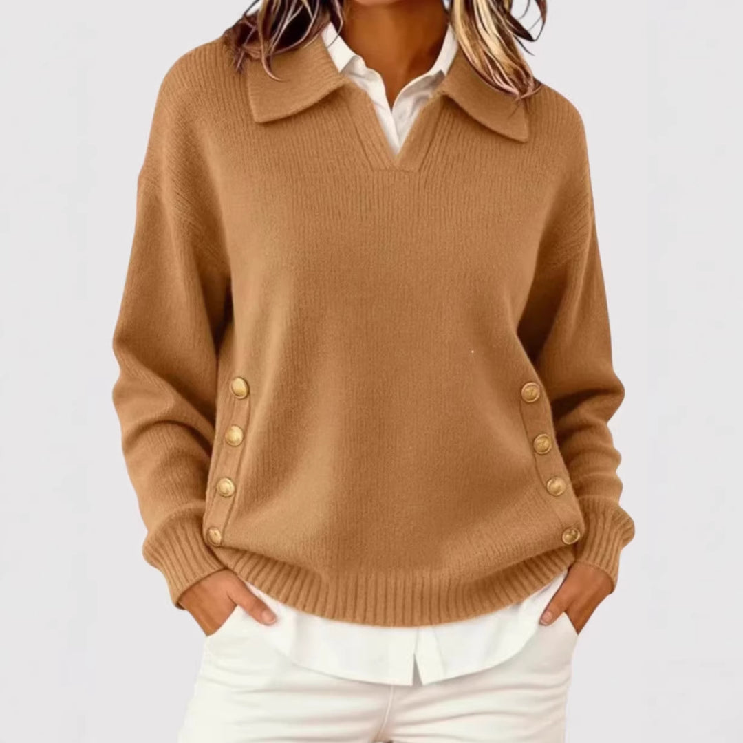 Women's Stylish Knitted Sweater with Collar and Button Details