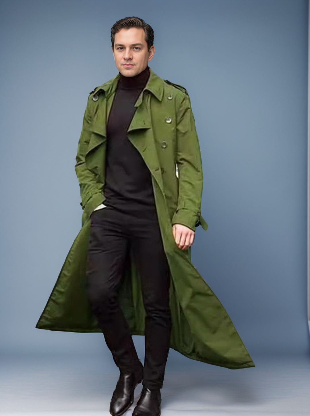 Men's Water-Repellent Long Trench Coat with Double Button Placket, Shoulder Epaulettes, and Adjustable Waist Belt Mune Fashion