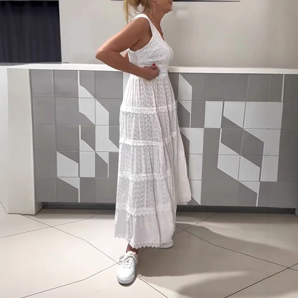 Women’s sleeveless Boho lace layered maxi dress with V-neck and empire waist Mune Fashion