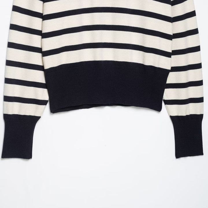 Women's Cropped Boxy Knit Sweater with Half Zipper, Stand Collar and Wide Stripes