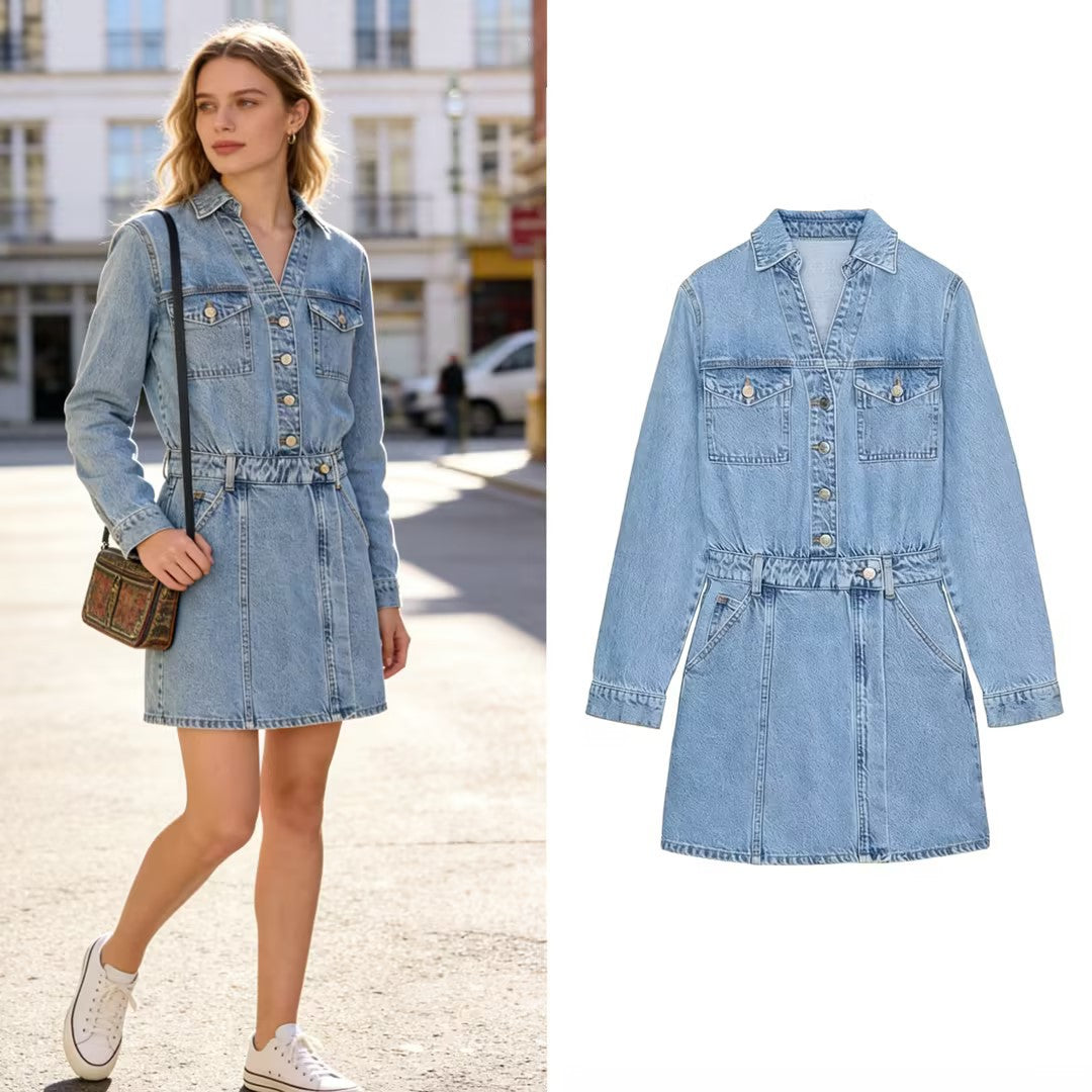 Women's Tailored Jeans Mini Dress with Shirt Collar, Patch Chest Pockets and Decorative Button Placket Mune Fashion