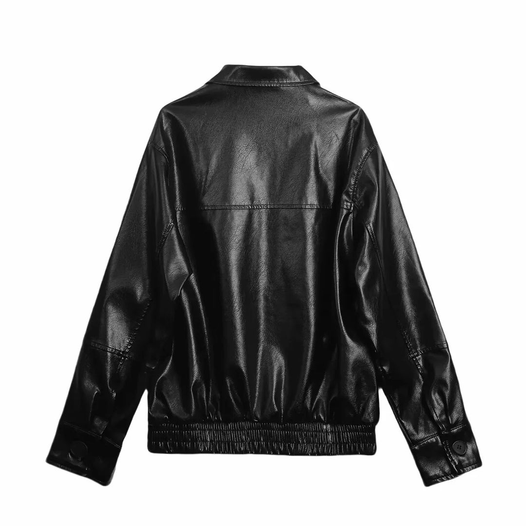 Women's Oversized Faux Leather Bomber Jacket with Shirt Collar, Full Zip and Elastic Hem Mune Fashion