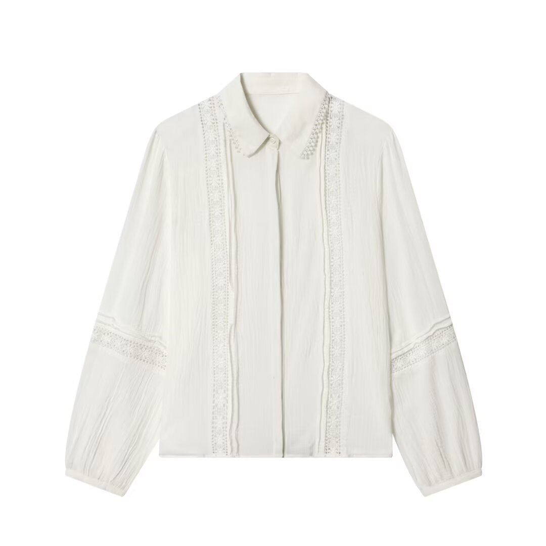 Women's Elegant Cotton Blend Blouse with Lace Yoke, Concealed Button Placket and Wide Balloon Sleeves Mune Fashion