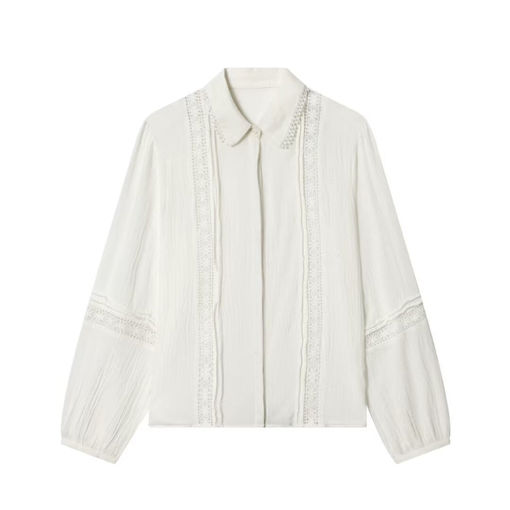 Women's Elegant Cotton Blend Blouse with Lace Yoke, Concealed Button Placket and Wide Balloon Sleeves Mune Fashion