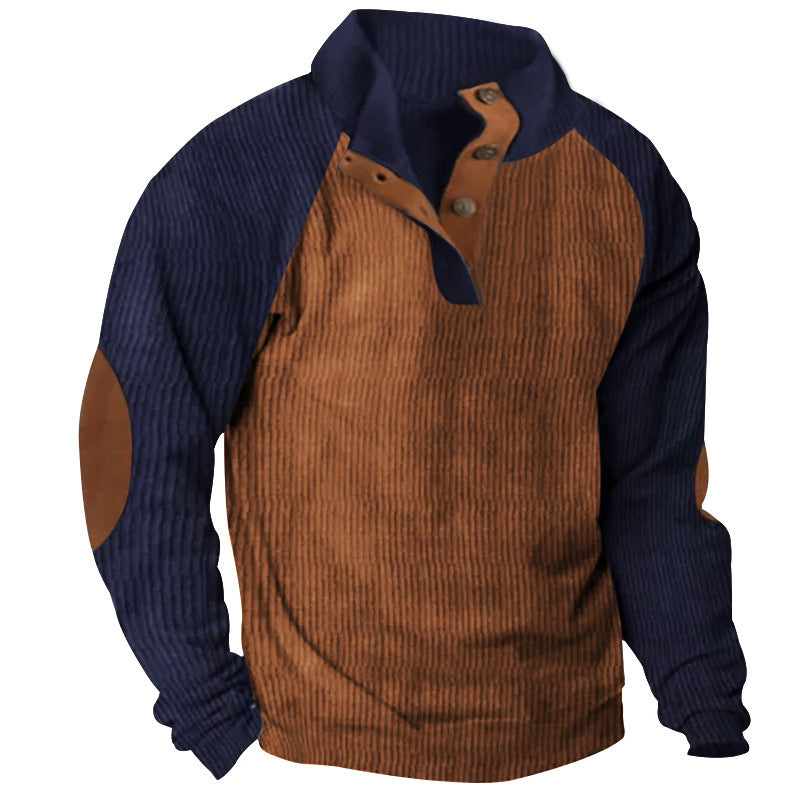 Men's Structured Raglan Henley Pullover with Stand Collar, Elbow Patches & Button Placket Mune Fashion