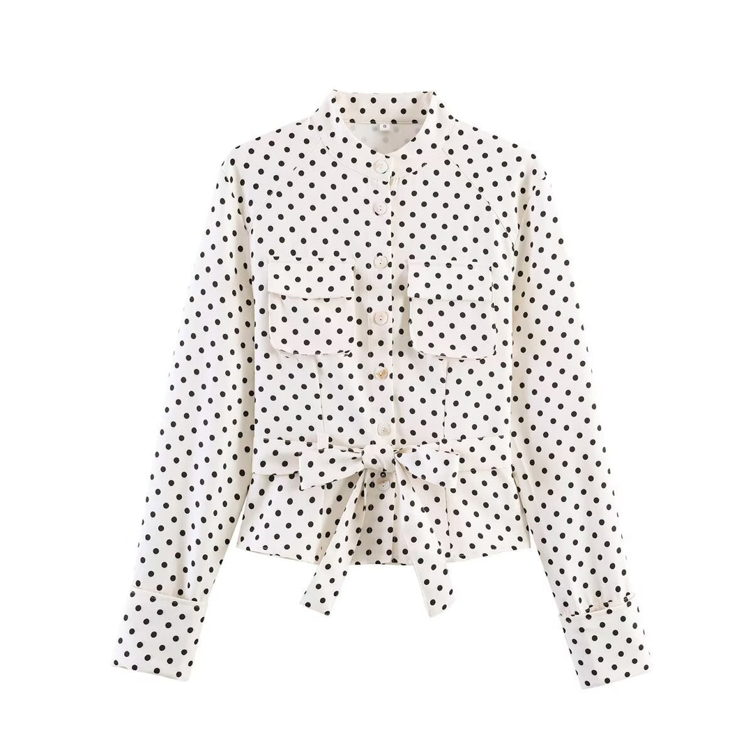 Women’s blouse jacket with tie belt, breast pockets and polka dot pattern Mune Fashion