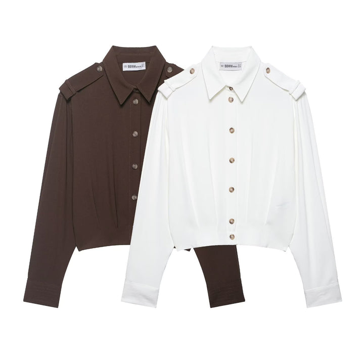Women Cropped Blouse with Decorative Epaulettes and Tailored Corset Look Mune Fashion