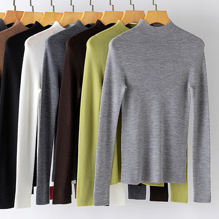 Women Fine Fine Knit Long Sleeve Sweater with Short Stand-Up Collar and Slim-Fit Mune Fashion