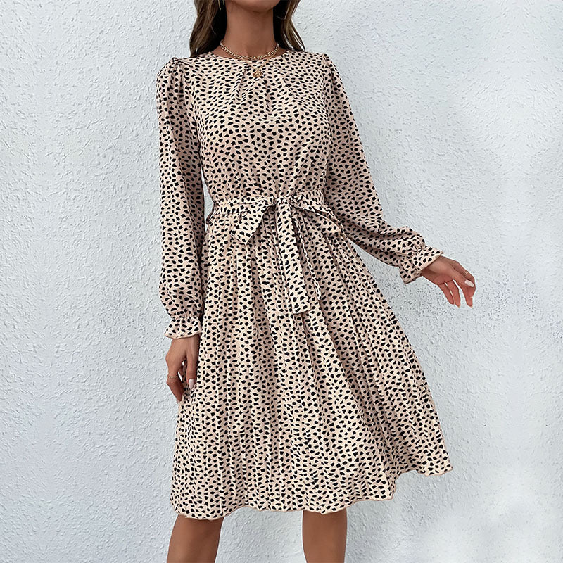 Women's Midi Dress with Waist Belt and Dots Mune Fashion