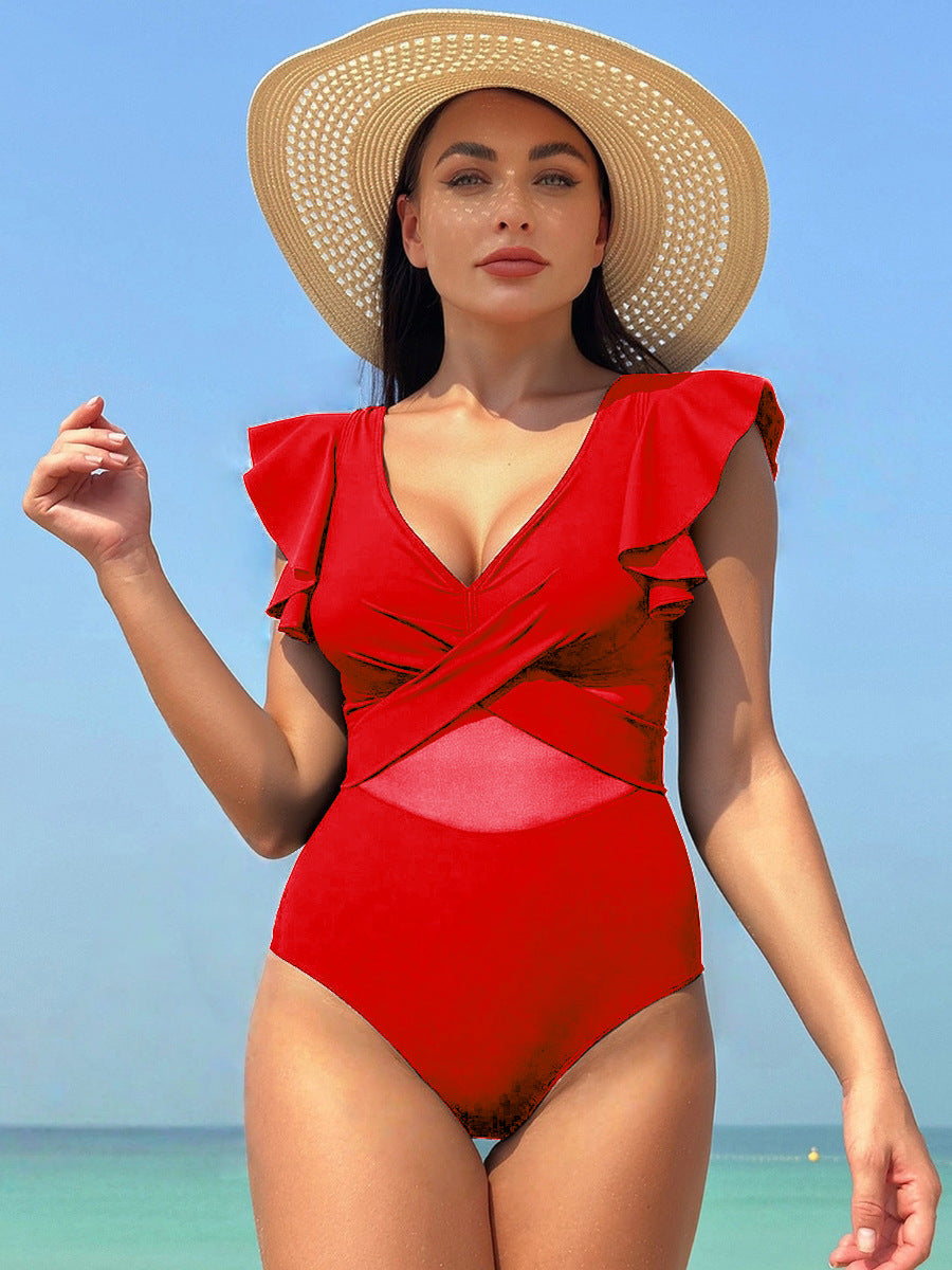 Ladies Elegant One-Piece Swimsuit with Asymmetric Ruffle Design Mune Fashion