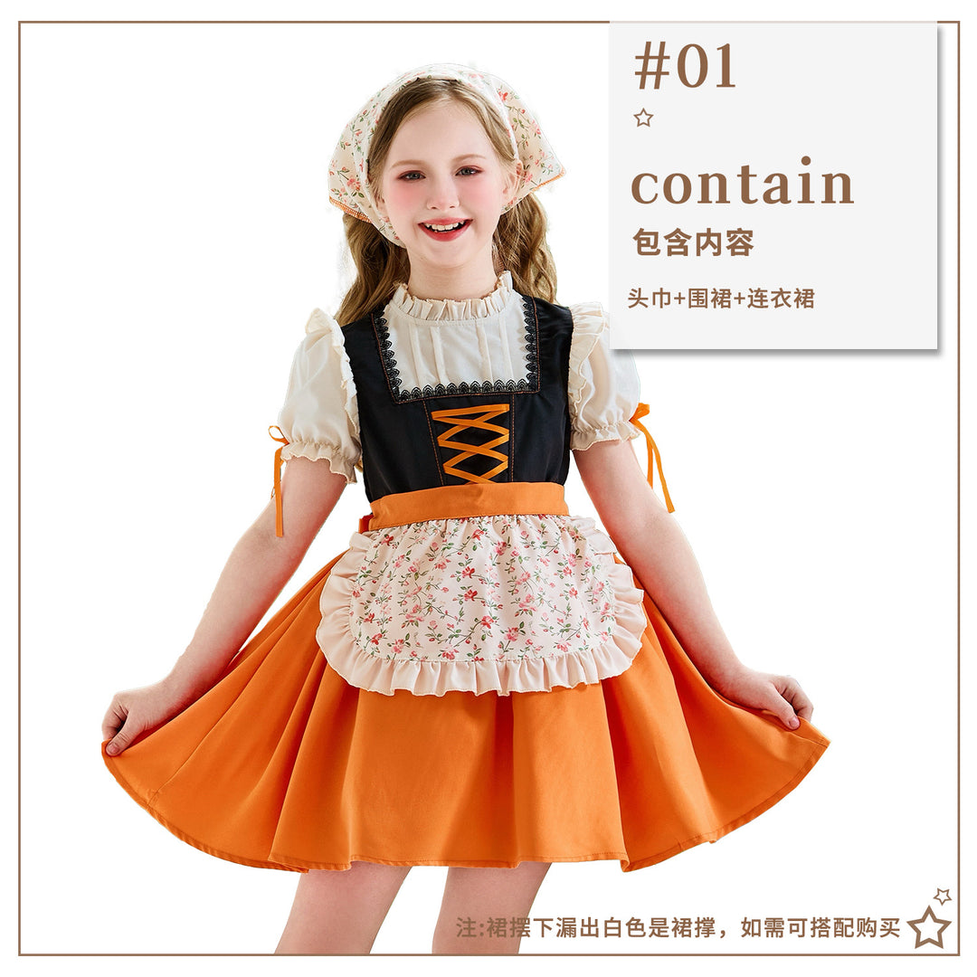 Women's traditional children's dirndl with lacing, ruffled apron, and headscarf Mune Fashion