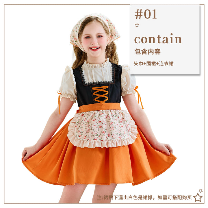 Women's traditional children's dirndl with lacing, ruffled apron, and headscarf Mune Fashion