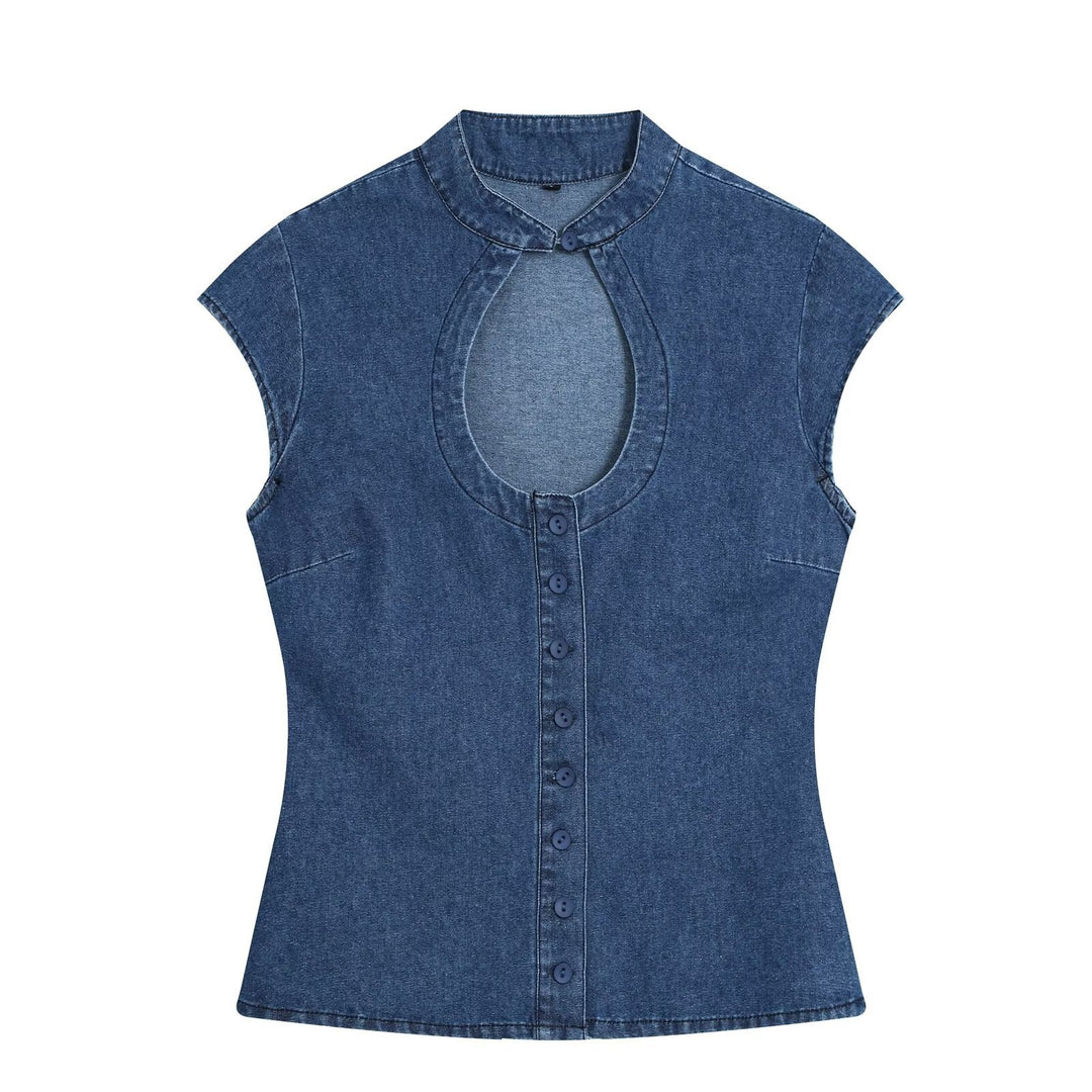Women's Tailored Jeans Top with Keyhole Cutout and Full Button Placket Mune Fashion