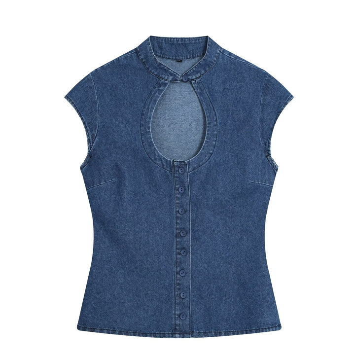Women's Tailored Jeans Top with Keyhole Cutout and Full Button Placket Mune Fashion