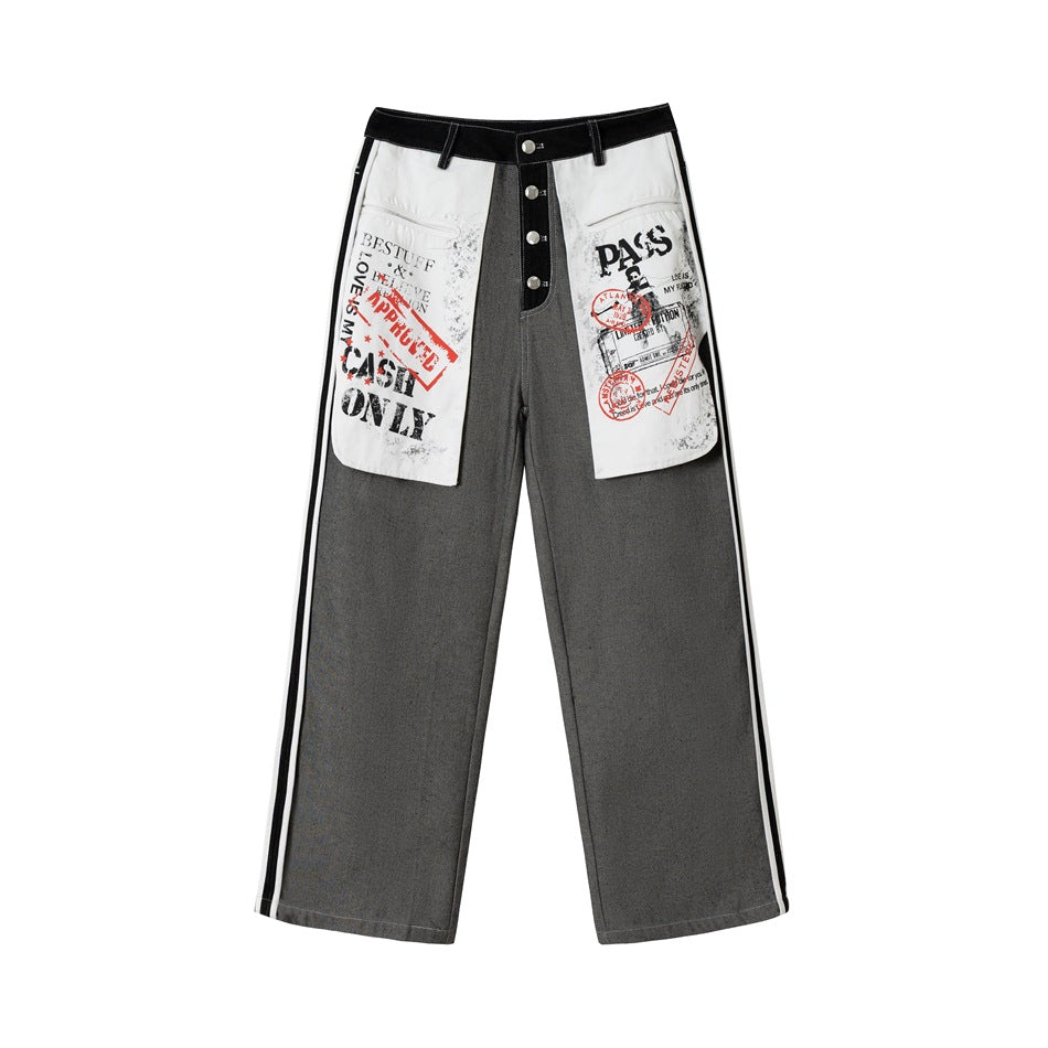 Women's Wide-Leg Cargo Jeans with Applied Graphic Patches and Contrast Stripes Mune Fashion